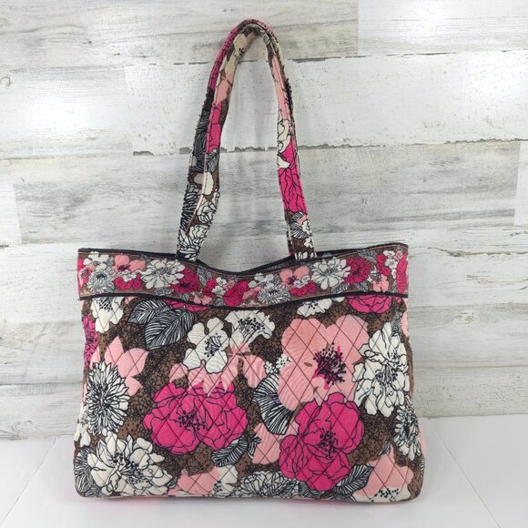 VERA BRADLEY FLORAL PINK WHITE BROWN LARGE TOTE BAG MAGNETIC CLOSURE LIGHTWEIGHT - Picture 1 of 16